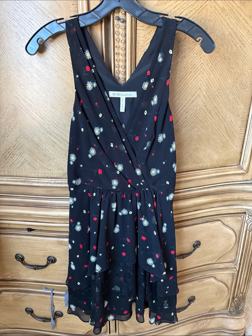 BCBGeneration Black Floral Wrap-Style Dress with Red & Cream Accents